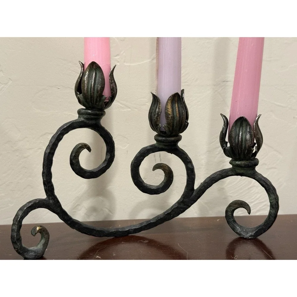 Metal Cast Iron Rose Candleholder  With 3 Flower‎ Buds Vintage